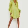 Robe Chemise Oversize Effet Brillant à Manches Volumineuses -BOOHO Kleidung Magasin gzz20491 green xl