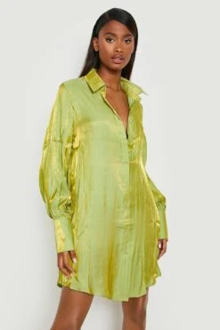 Robe Chemise Oversize Effet Brillant à Manches Volumineuses -BOOHO Kleidung Magasin gzz20491 green xl 2
