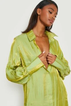 Robe Chemise Oversize Effet Brillant à Manches Volumineuses -BOOHO Kleidung Magasin gzz20491 green xl 3