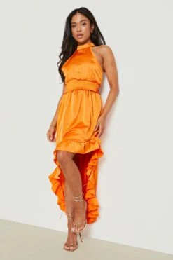 Petite - Robe Longue Satinée Froncée à Volants -BOOHO Kleidung Magasin gzz20511 orange xl 2