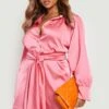 Grande Taille - Robe Chemise Satinée à Ceinture -BOOHO Kleidung Magasin gzz20722 pink xl