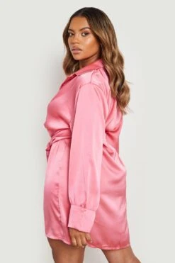 Grande Taille - Robe Chemise Satinée à Ceinture -BOOHO Kleidung Magasin gzz20722 pink xl 1