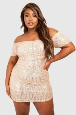 Grande Taille - Robe Froncée Pailletée à épaules Dénudées