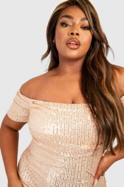 Grande Taille - Robe Froncée Pailletée à épaules Dénudées -BOOHO Kleidung Magasin gzz20768 champagne xl 3