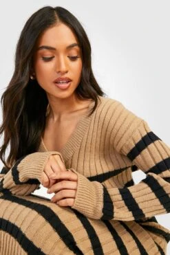 Petite - Robe Pull Rayée à Col V -BOOHO Kleidung Magasin gzz20843 beige xl 3