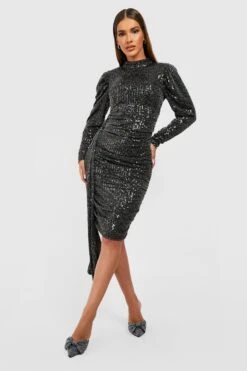 Robe Drapée Pailletée à Manches Bouffantes -BOOHO Kleidung Magasin gzz21681 black xl 2