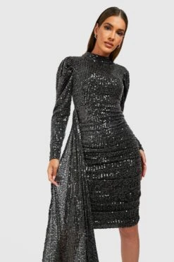 Robe Drapée Pailletée à Manches Bouffantes -BOOHO Kleidung Magasin gzz21681 black xl 3