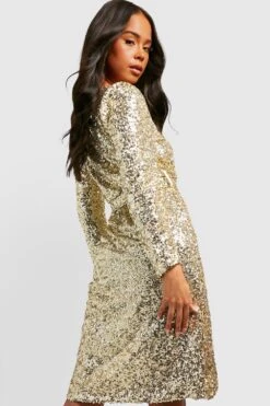 Petite - Robe Mi-longue Pailletée à Manches Bouffantes -BOOHO Kleidung Magasin gzz21890 gold xl 1