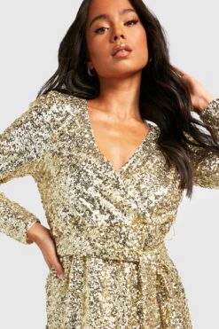 Petite - Robe Mi-longue Pailletée à Manches Bouffantes -BOOHO Kleidung Magasin gzz21890 gold xl 3
