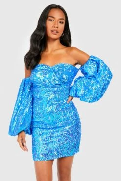 Petite - Robe Courte Pailletée à Manches Bouffantes