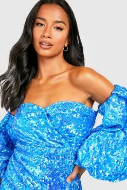 Petite - Robe Courte Pailletée à Manches Bouffantes -BOOHO Kleidung Magasin gzz21893 blue xl 3