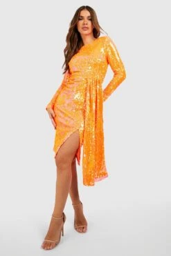 Robe Pailletée Drapée à Manches Longues -BOOHO Kleidung Magasin gzz22605 orange xl 2