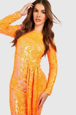 Robe Pailletée Drapée à Manches Longues -BOOHO Kleidung Magasin gzz22605 orange xl 3