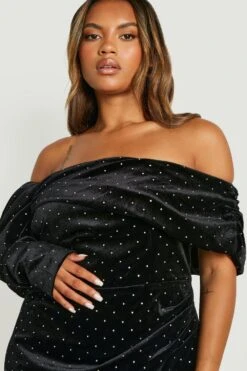 Grande Taille - Robe Moulante Strassée à épaules Dénudées -BOOHO Kleidung Magasin gzz22937 black xl 3