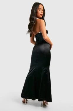 Petite - Robe Longue Satinée à Bordures Strassées -BOOHO Kleidung Magasin gzz23439 black xl 1