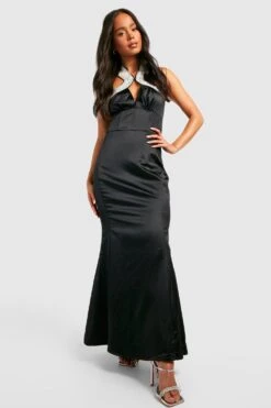 Petite - Robe Longue Satinée à Bordures Strassées -BOOHO Kleidung Magasin gzz23439 black xl 2