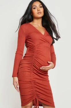 Maternité - Robe De Grossesse Nouée Côtelée Froncée -BOOHO Kleidung Magasin gzz23455 rust xl 3
