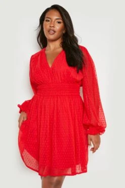 Grande Taille - Robe Plumetis à Manches Longues