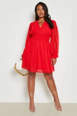 Grande Taille - Robe Plumetis à Manches Longues -BOOHO Kleidung Magasin gzz23478 red xl 2