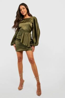 Robe Courte Satinée à Manches Bouffantes -BOOHO Kleidung Magasin gzz23621 olive xl 2