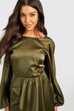 Robe Courte Satinée à Manches Bouffantes -BOOHO Kleidung Magasin gzz23621 olive xl 3