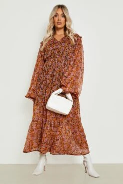 Grande Taille - Robe Mi-longue à Imprimé Fleuri 8 Grande Taille - Robe Mi-longue à Imprimé Fleuri -BOOHO Kleidung Magasin gzz23726 brown xl 2