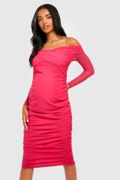 Maternité - Robe De Grossesse Froncée à épaules Dénudées -BOOHO Kleidung Magasin gzz24339 hot20pink xl 2