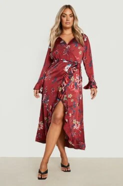 Grande Taille - Robe Portefeuille Fleurie à Volants -BOOHO Kleidung Magasin gzz24597 berry xl 2