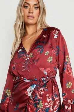 Grande Taille - Robe Portefeuille Fleurie à Volants -BOOHO Kleidung Magasin gzz24597 berry xl 3