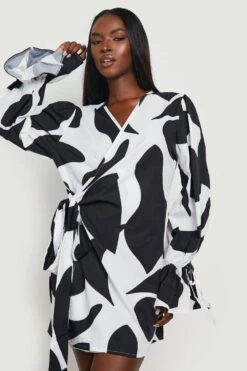 Robe Portefeuille à Manches Larges Et Imprimé Abstrait -BOOHO Kleidung Magasin gzz25354 black xl 3