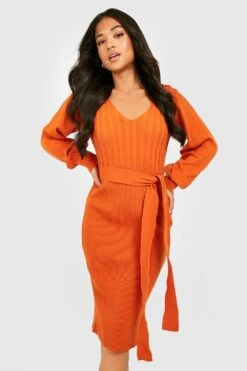 Petite - Robe En Maille Douce à Manches Bouffantes Et Ceinture -BOOHO Kleidung Magasin gzz25655 orange xl 2