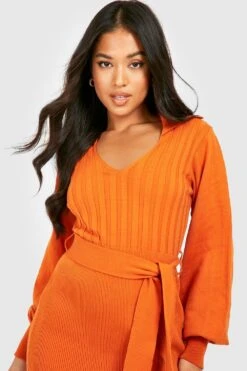 Petite - Robe En Maille Douce à Manches Bouffantes Et Ceinture -BOOHO Kleidung Magasin gzz25655 orange xl 3