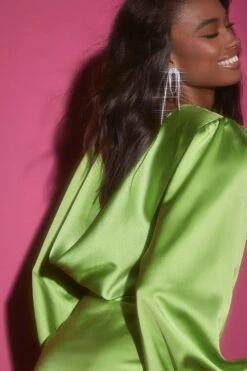 Robe Satinée Froncée à Manches Tombantes -BOOHO Kleidung Magasin gzz26064 lime xl 3