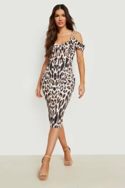 Robe Mi-longue à épaules Dénudées Et Imprimé Léopard