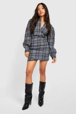 Petite - Robe Chemise à Carreaux Et Manches Bouffantes -BOOHO Kleidung Magasin gzz26984 grey xl 2