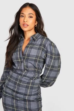 Petite - Robe Chemise à Carreaux Et Manches Bouffantes -BOOHO Kleidung Magasin gzz26984 grey xl 3