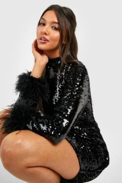 Robe Pailletée à Col Montant Et Plumes -BOOHO Kleidung Magasin gzz27895 black xl 3