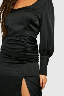 Robe Mi-longue Satinée Froncée à Manches Larges -BOOHO Kleidung Magasin gzz27952 black xl 3