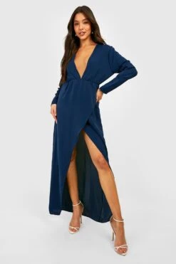 Robe Portefeuille En Mousseline De Soie à Manches Longues -BOOHO Kleidung Magasin gzz27973 navy xl 2