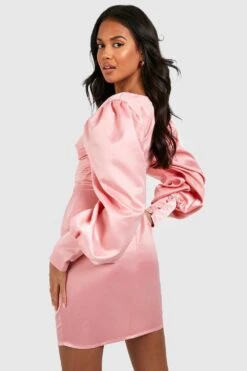Robe Moulante Satinée à Manches Larges -BOOHO Kleidung Magasin gzz28597 rose xl 1