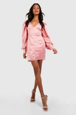 Robe Moulante Satinée à Manches Larges -BOOHO Kleidung Magasin gzz28597 rose xl 2