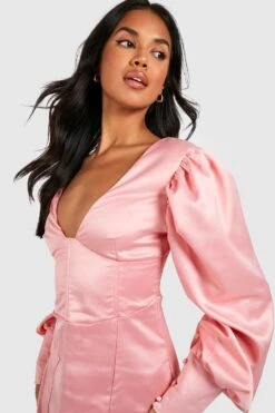 Robe Moulante Satinée à Manches Larges -BOOHO Kleidung Magasin gzz28597 rose xl 3