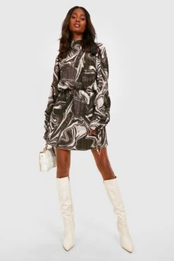 Robe Plissée à Manches Froncées Et Imprimé Marbre -BOOHO Kleidung Magasin gzz29867 chocolate xl 2