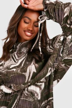 Robe Plissée à Manches Froncées Et Imprimé Marbre -BOOHO Kleidung Magasin gzz29867 chocolate xl 3