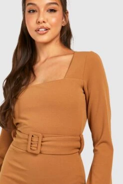 Robe Mi-longue à Col Carré Et Manches évasées -BOOHO Kleidung Magasin gzz30337 camel xl 3