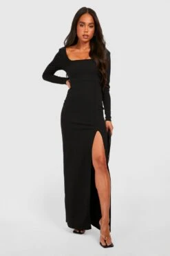 Petite - Robe Longue Fendue à Col Carré Et Manches Longues -BOOHO Kleidung Magasin gzz31125 black xl 2