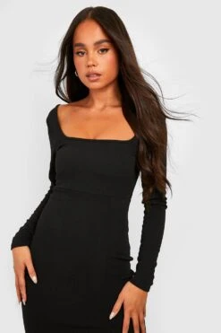 Petite - Robe Longue Fendue à Col Carré Et Manches Longues -BOOHO Kleidung Magasin gzz31125 black xl 3