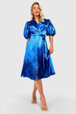 Robe Cache-cœur Mi-longue Satinée à Manches Bouffantes