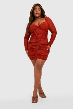 Grande Taille - Robe Courte Froncée En Mesh à Manches Longues -BOOHO Kleidung Magasin gzz31306 rust xl 2