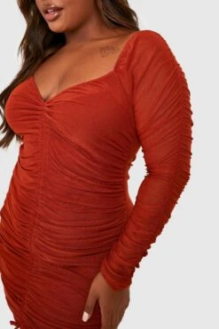 Grande Taille - Robe Courte Froncée En Mesh à Manches Longues -BOOHO Kleidung Magasin gzz31306 rust xl 3